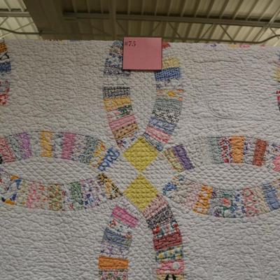 Very Vintage Hand Pieced & Stitched Wedding Ring Quilt, Signed 1930 90x78