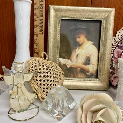 Home Decor Lot - Framed print, Starched Doille Hat, Starched Doille Heart, Soap, Candle, Perfume bottles, etc