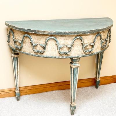 Wooden Carved & Distressed Painted Demi Lune Console Table
