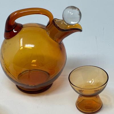 Vintage Amber Cordial Decanter and tumblers