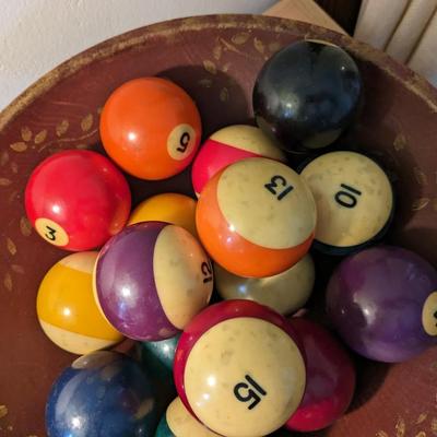 Vintage Billiard Balls with Rosemaling Wood Bowl