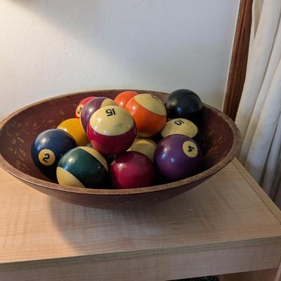 Vintage Billiard Balls with Rosemaling Wood Bowl