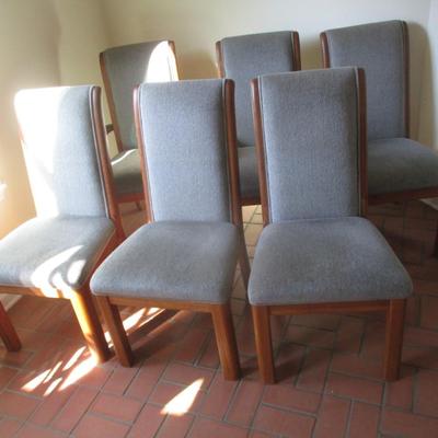 Set of Six Oak Wood Framed and Upholstered Dining Room Chairs includes Two Carver Style Chairs