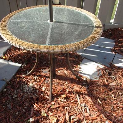 Outdoor Metal Frame Patio Table with Glass Top and Wicker Weave Trim