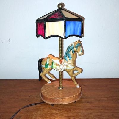 HORSE CAROUSEL LAMP AND TWO MINIATURE CAROUSEL HORSES