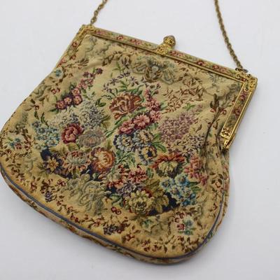1950s Petit Pointe Fabric Pastoral Motif Frame Purse Jeweled Snap Tapestry Scenic