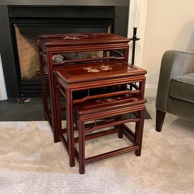 130 Set of 3 Mother of Pearl Inlay Rosewood Nesting Tables