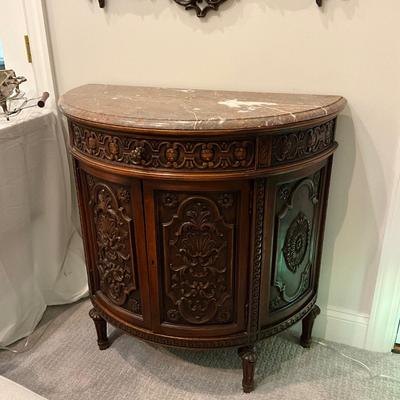 139 Vintage Marble Top Carved Wooden Server/Console Table