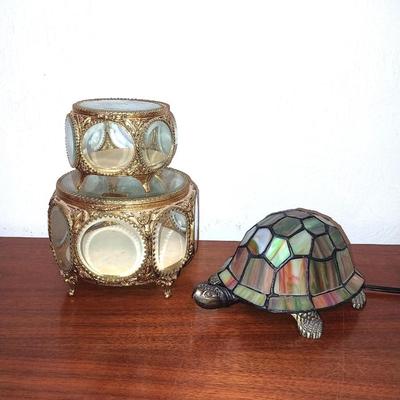 TURTLE LIGHT AND TWO GLASS TRINKET BOXES