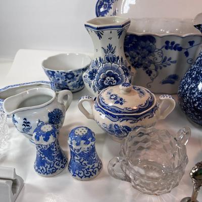 Large Blue and white platter, Pitchers, Salt and Pepper