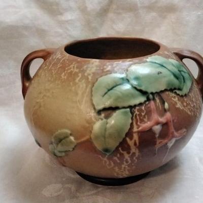1938 Roseville Fuchsia Brown Handled Ceramic Bowl Vase 347-6