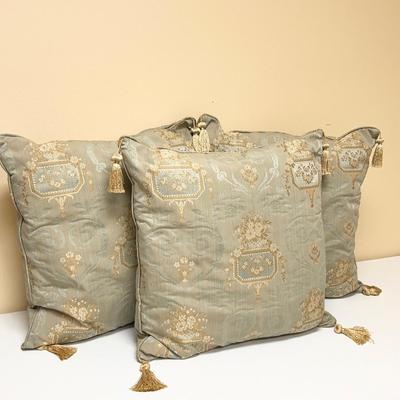 Set Of Three (3) ~ Green & Gold Jacquard Design With Tassels Decorative Pillows