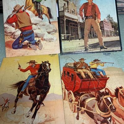 Large Vintage Childrens Westerns Puzzles Whitman Gunsmoke Fairchild Rangers Pony Express Stagecoach