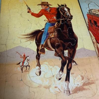Large Vintage Childrens Westerns Puzzles Whitman Gunsmoke Fairchild Rangers Pony Express Stagecoach