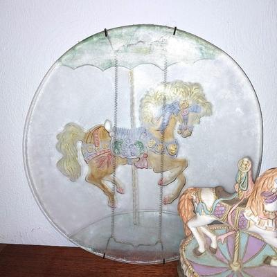 CAST IRON CAROUSEL HORSE DOOR STOP-HOUSE HOOK HANGER AND PAINTED GLASS OF CAROUSEL HORSE