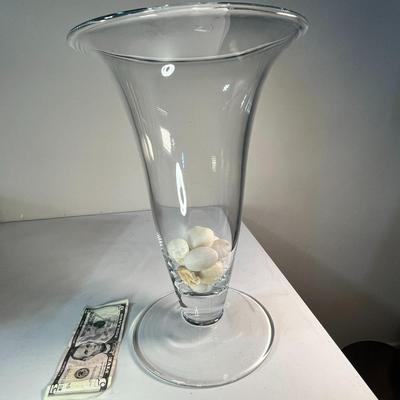 POTTERY BARN CLEAR TRUMPET VASE w/ WHITE ROCKS IN BASE