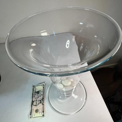 POTTERY BARN CLEAR TRUMPET VASE w/ WHITE ROCKS IN BASE