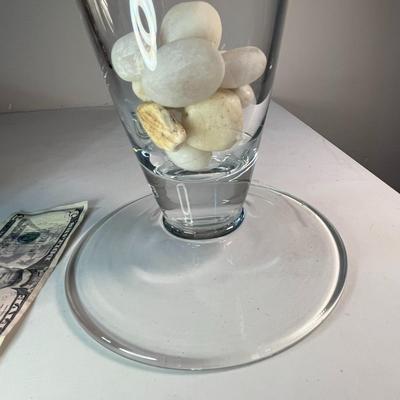 POTTERY BARN CLEAR TRUMPET VASE w/ WHITE ROCKS IN BASE