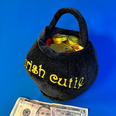 VELVETEEN POT O' GOLD "LIL IRISH CUTIE" w/ FAUX GOLD COINS (SOME CHOCOLATE)