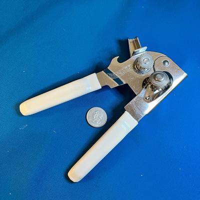 WHITE HANDLED "SWING-AWAY" HAND CRANK CAN OPENER