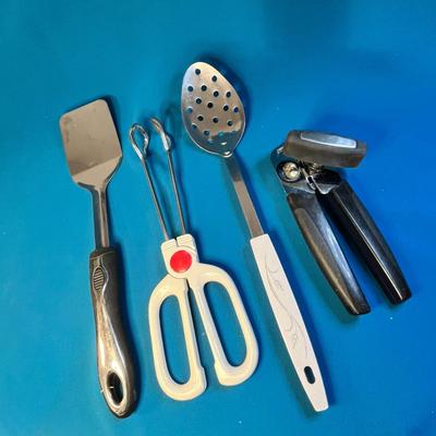 GROUP OF 4 HANDY KITCHEN UTENSILS: SPATULA, SLOTTED SPOON, TONGS, CAN OPENER
