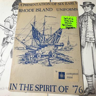 SET OF 6 EARLY 1776 RHODE ISLAND MILITARY UNIFORMS DRAWINGS PRINTS