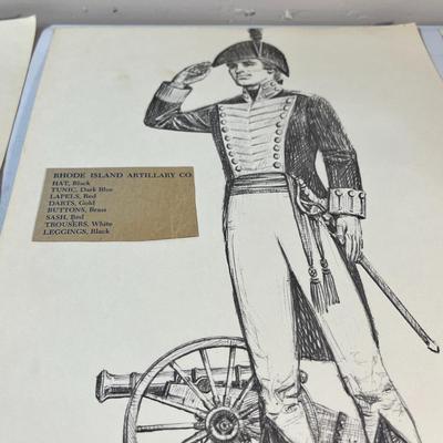 SET OF 6 EARLY 1776 RHODE ISLAND MILITARY UNIFORMS DRAWINGS PRINTS