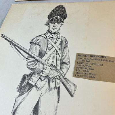 SET OF 6 EARLY 1776 RHODE ISLAND MILITARY UNIFORMS DRAWINGS PRINTS