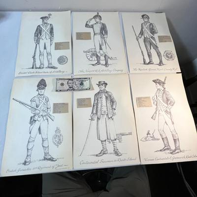 SET OF 6 EARLY 1776 RHODE ISLAND MILITARY UNIFORMS DRAWINGS PRINTS