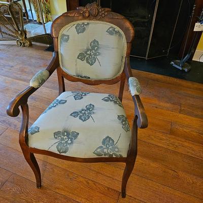 Carved Wood Arm Chair w/Green Upholstery  (PS-JS)