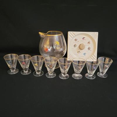 Vintage Fly Fishing Themed Cocktail Glasses and Pitcher and a Ceramic Ashtray (BR-DW)