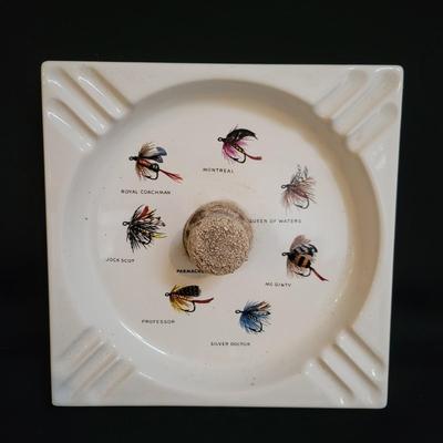 Vintage Fly Fishing Themed Cocktail Glasses and Pitcher and a Ceramic Ashtray (BR-DW)