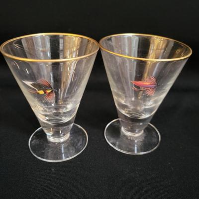 Vintage Fly Fishing Themed Cocktail Glasses and Pitcher and a Ceramic Ashtray (BR-DW)