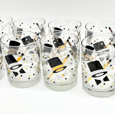 Set Of Eight (8) ~ New Years Top Hat Cane Lowball Glasses