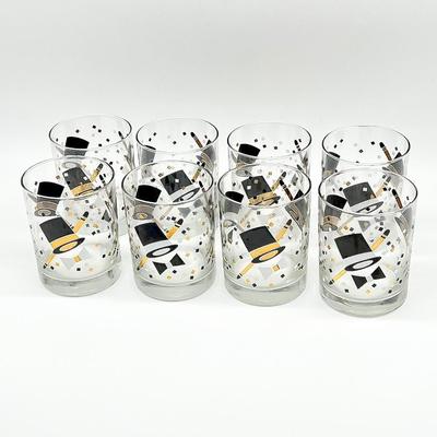 Set Of Eight (8) ~ New Years Top Hat Cane Lowball Glasses