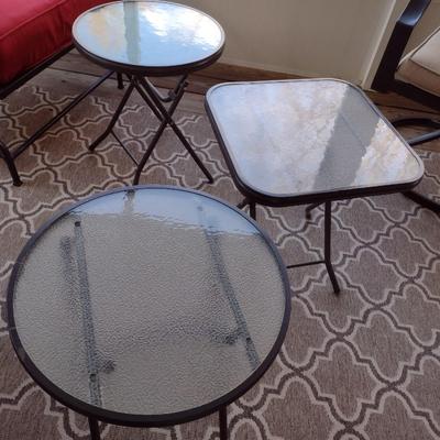 Set of Three Metal Frame Folding Patio Side Tables with Glass Top Various Shapes