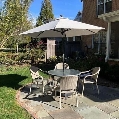 152 Outdoor Frontgate Chairs and Table with Umbrella and Stand