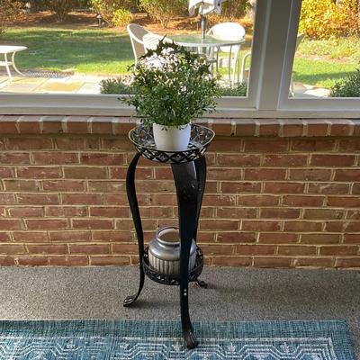157 Black Thin Metal Plant Stand with Pottery Vase and Faux Plant