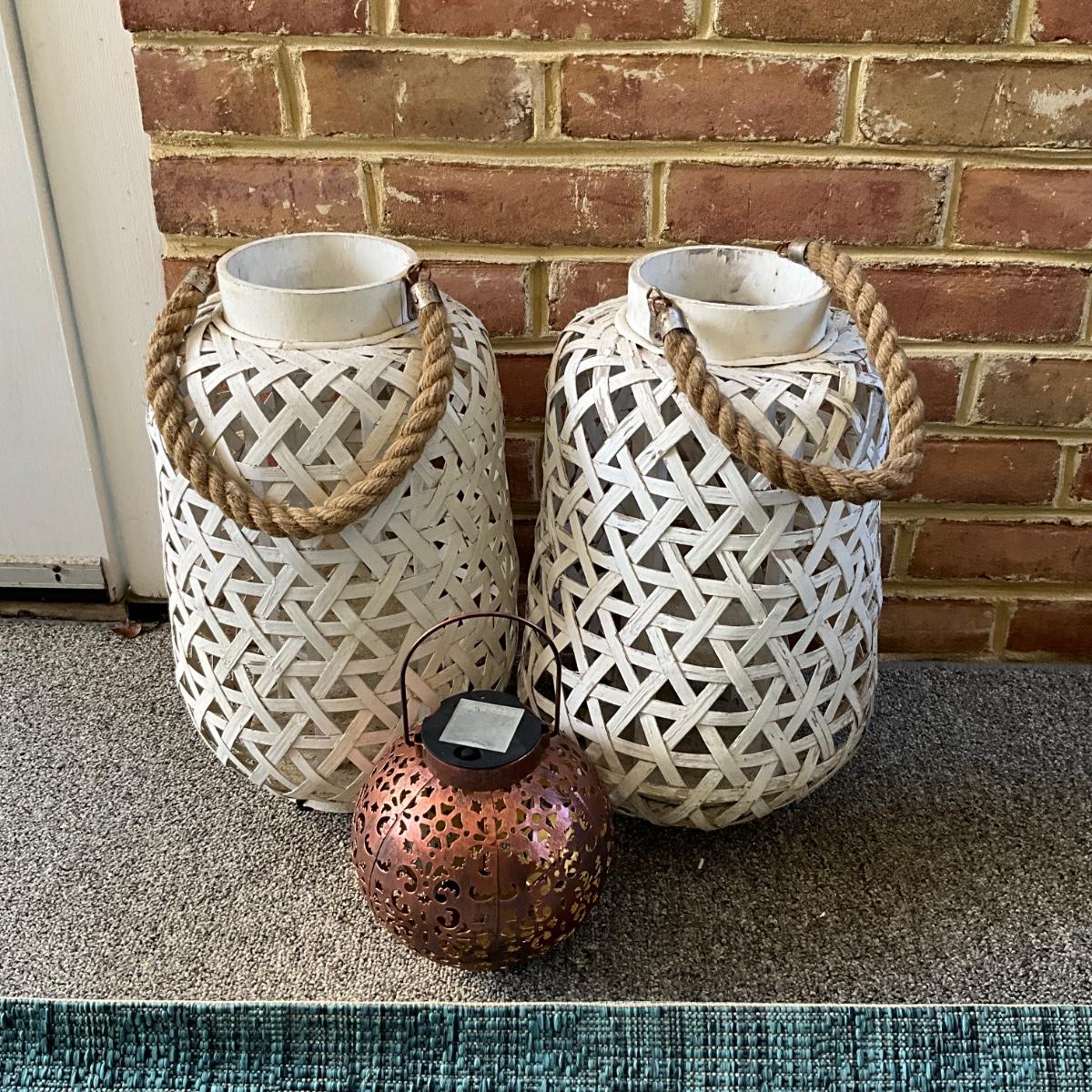 158 Pair of White Rattan Lanterns with Copper tone Solar Lantern