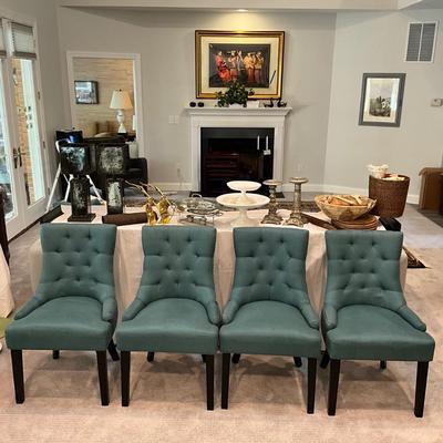 164 Set of 4 Aqua Blue Tufted Upholstered Side Chairs