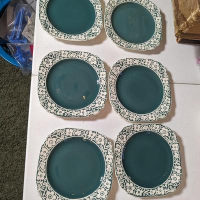 6 Harker Pottery Pate Sur Pate Bread Dessert Plates 6.5â€ Green White Floral Band