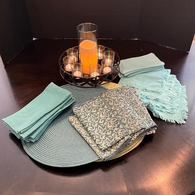 173 Lot of Aqua Blue Place Mats with Napkins and Glass Candle Decor