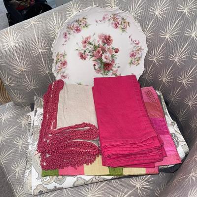 175 Pink Thai Silk Runner with Napkins, Gray Placemats, Table Runner & Floral Plate