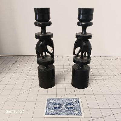 Wood Carved Elephant Candle Holders