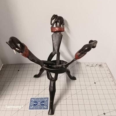 Carved Wooden Elephant Bowl Stand with Bowl