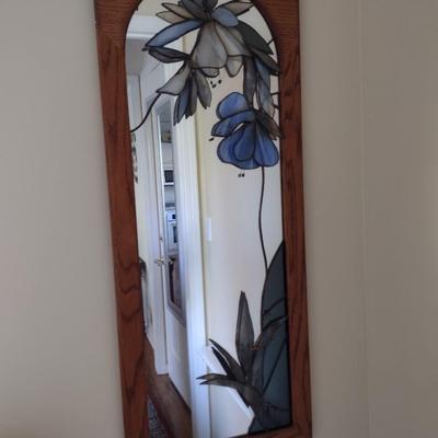 Wood Framed Mirror with Applied Stained Glass Floral Accent