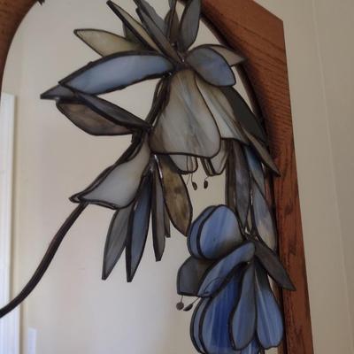 Wood Framed Mirror with Applied Stained Glass Floral Accent