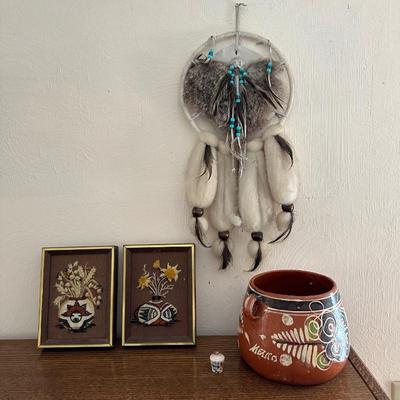 LARGE CLAY POT, DREAM CATCHER AND YARN ART