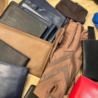 Lot of bags, wallets, checkbook covers, and other