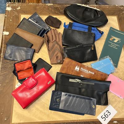 Lot of bags, wallets, checkbook covers, and other